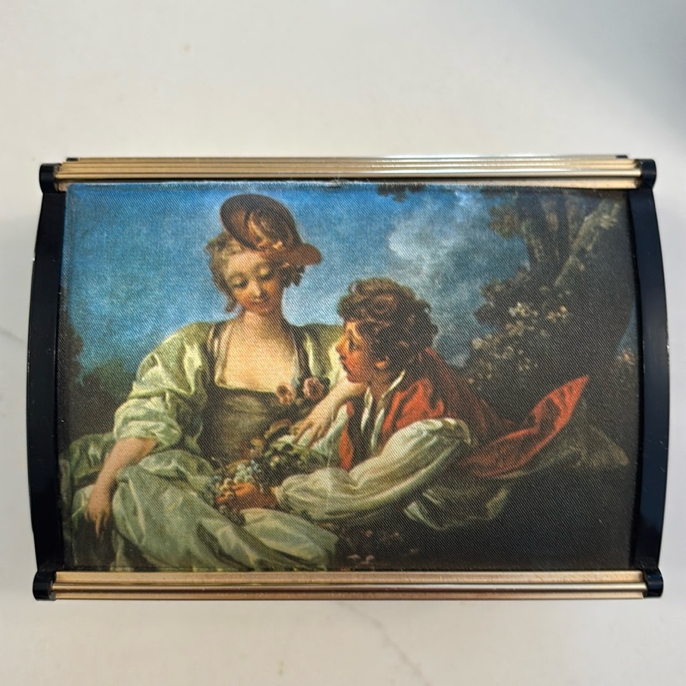 Lady Mate Music Box with textile picture of “The Stolen Kiss” by Fragonard.